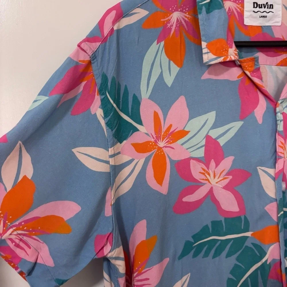 Duvin Men's Blue Hawaiian orange pink Floral button down Short-Sleeve Shirt